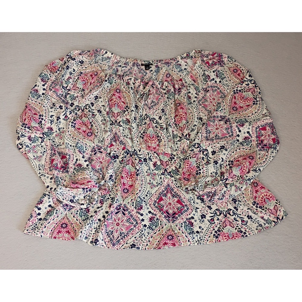 Torrid Top Womens 1X White Pink Floral Tunic Flowy Baby Doll‎ Tie Up Chest